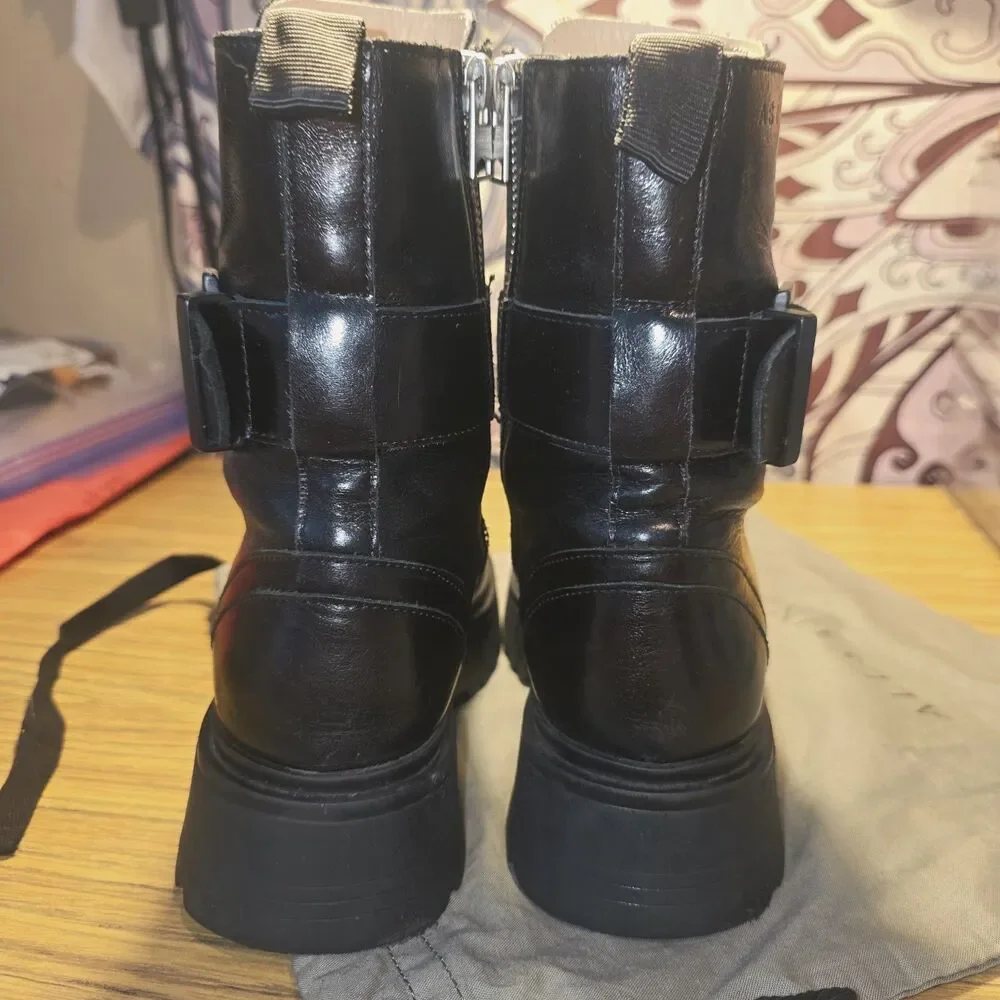 ALLSAINTS Sz 7 ONYX Black Combat Lace Up Zipper Buckle Lug Sole Moto Biker Boots - Picture 12 of 16